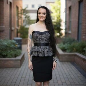 Betsey Johnson ✦ Leopard Strapless Peplum Dress ✦ Silk Blend Black Size 6 NWOT